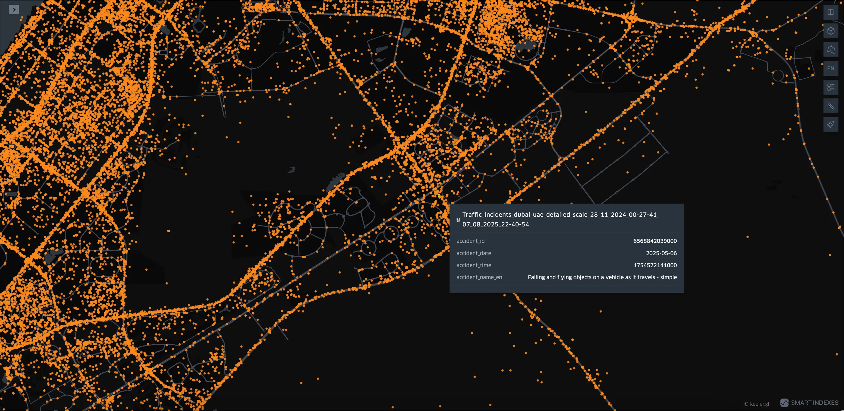 Detailed scale of Dubai's map by traffic incidents from 28.11.2024 (00:27:41) to 07.08.2025 (22:40:54)